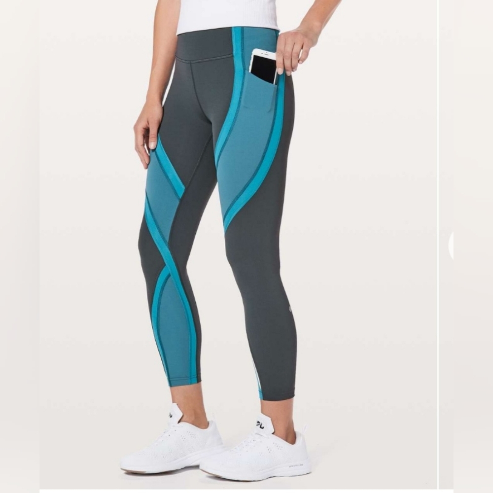 Athletic Colorblock Leggings with Side Pocket - Teal/Charcoal - Picture 1 of 12